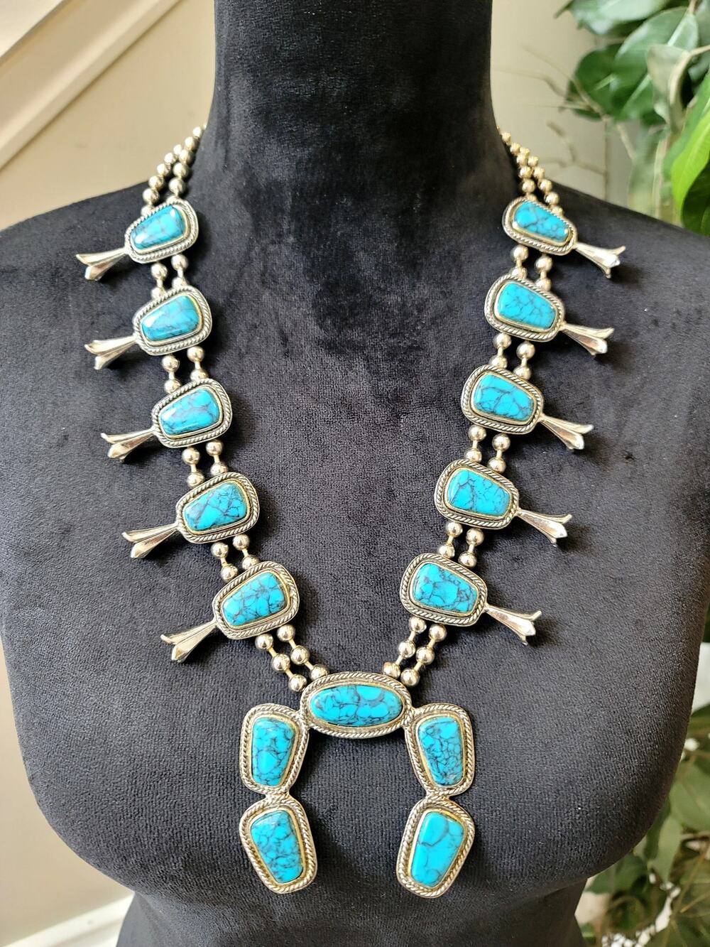 Turquoise Squash Blossom Style Statement Necklace Silver Tone Western Boho